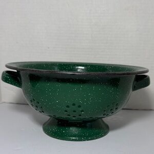 Vintage enameled granite strainer, green kitchenware, rustic decoration